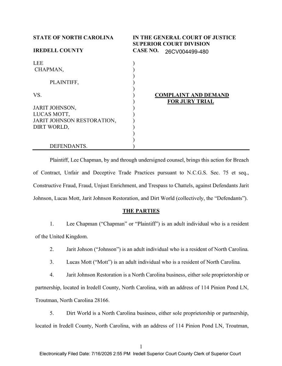 SKHaulenbeek's tweet photo. A UK resident has sued Jarit Johnson — Jimmie Johnson's brother — for fraud, claiming he failed to properly restore a classic car and exploited his connections to NASCAR and Jimmie Johnson to get business. #NASCAR #nccourts https://t.co/x1hKczPMKg