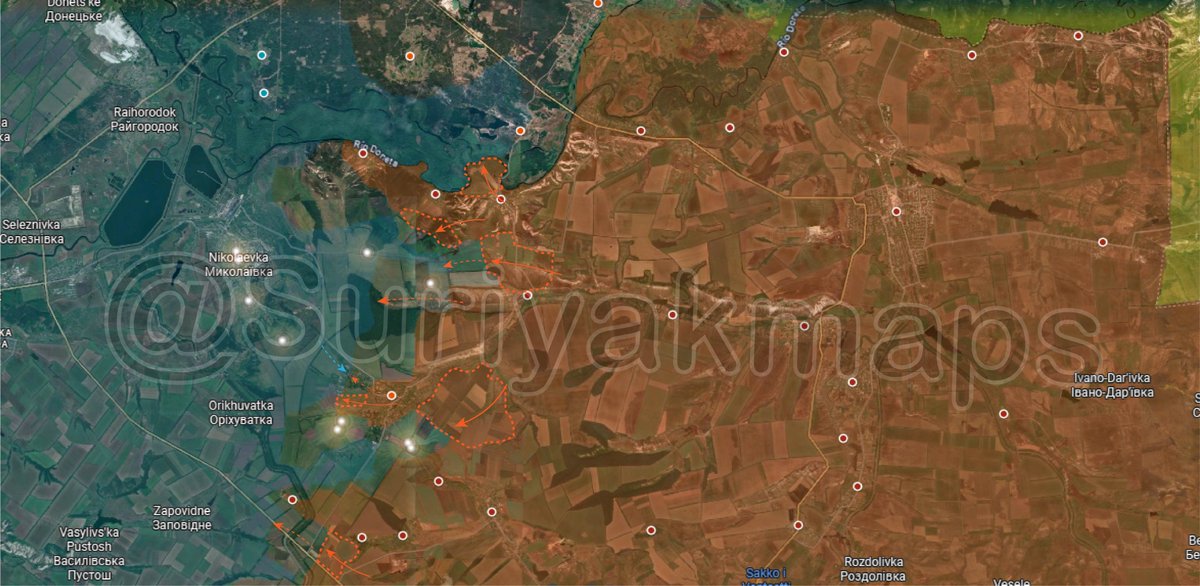 Suriyakmaps's tweet photo. Ukrainian-Russian war. Day 1592-1598: 🇺🇦🇷🇺
Situation on Siversk, Mykolaivka & Soledar fronts: During the last week, Russian army has continued to consolidate its positions between Kryva Luka and Kalenyky and to the south of Mala Pyskunivka. In addition, Russian forces have also secured much of the woodland east of Rai-Oleksandrivka (some Ukrainian soldiers remain there), whilst fighting continues in the western part of the locality, where Russian troops have taken control of the trench system. Furthermore, the Russians have made advances north of Dibrova towards Zapovidne.
Map: [ https://t.co/t2VPGaDnQs ]