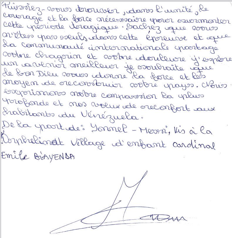 EmbCongo_ve's tweet photo. Yonnel, un niño del orfelinato “Village d’Enfants Cardinal Émile Biayenda de Kombé” de Brazzaville, nos envía esta linda carta, transmitiendo un mensaje de solidaridad, fuerza y esperanza para la reconstrucción del país.
@yvangil
#BringThemBack
#FreeThemNow
#FreeMaduro
#FreeCilia https://t.co/82vwaRzJur