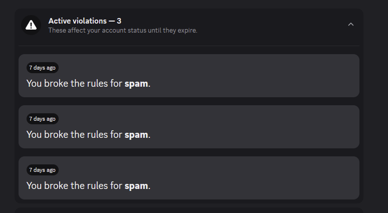 KaidoomDev's tweet photo. @discord_support @discord My 8-year-old account received three “spam” violations simply for trying to join a server through Chrome.

I did not post or send any content. The same invite worked immediately through the Discord iPhone app, which strongly suggests this was an automated browser-related false positive.

The violation says I “must verify” my account, even though it is already verified by both email and phone number. There is no additional verification available for me to complete.

Worse, these violations remain on my account until July 9, 2028.

I submitted three appeals, but each received the same generic response claiming that Discord reviewed my “content” and upheld the decision. There was no content to review. I was only attempting to join a server.

Could someone please arrange an actual human review of the account activity and these violations?
