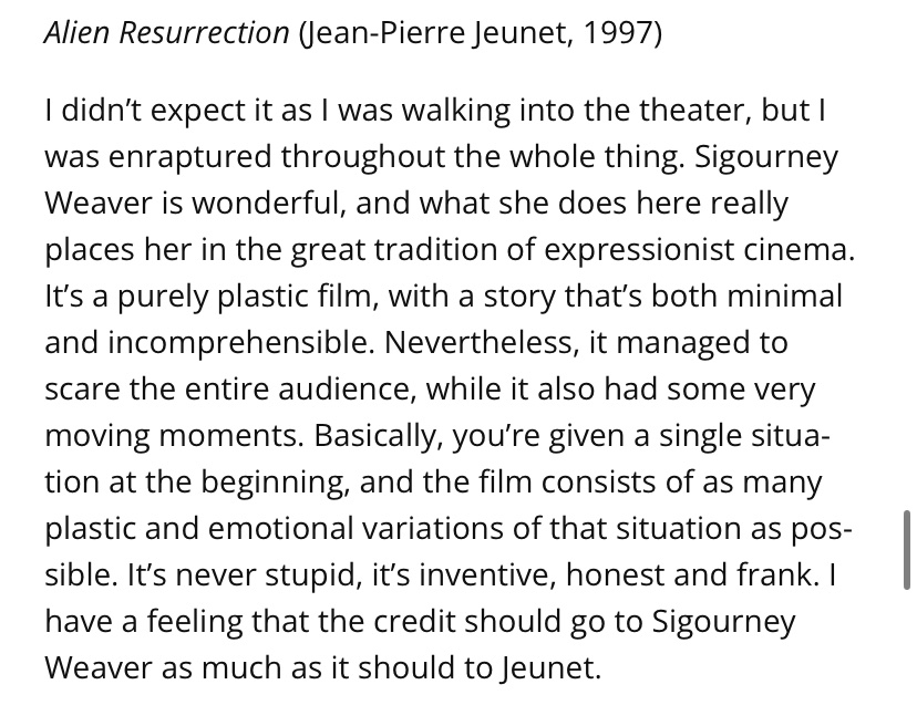 afterglow2046's tweet photo. I wish I could see Alien Resurrection the same way Jacques Rivette did. 

My own view keeps getting in the way. https://t.co/ABWhkfDA4s