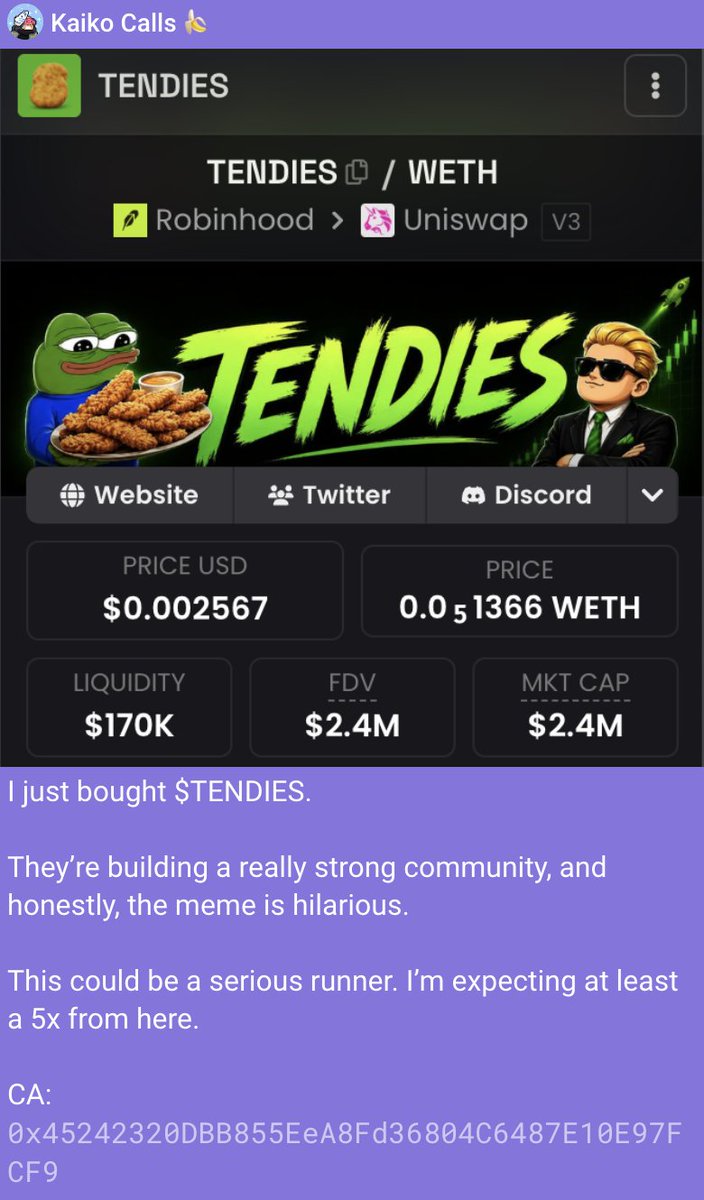 KaikoHQ's tweet photo. I called $TENDIES at a $2.5M market cap, and it hit $30M.

I called $ANSEM at a $250k market cap, and it hit $450M.

I called $TripleT at a $2M market cap, and it hit $30M.

The opportunities are there.

You just hate money because you’re not following me. :)

Every single one of these calls was shared first in my TG community.