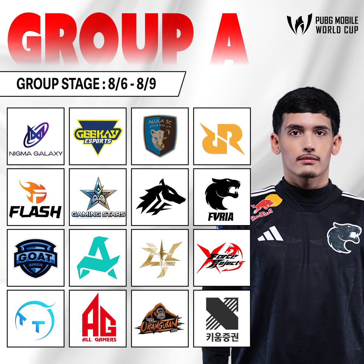 PUBGM_NewsNow's tweet photo. PMWC 2026 のGROUP発表が行われました。

GROUP STAGE日程：8/6 - 9
・各グループ合計12試合ずつ
→各グループ1 - 5位は決勝
→各グループ6 - 13位はサバイバルステージ
→各グループ14 - 16位は敗退 https://t.co/Z4tg5OGdH3