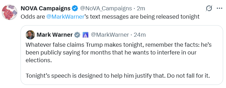VaNewsVanguard's tweet photo. 🚨Va.'s Democrat U.S. Sen. Mark Warner is deploying a propaganda technique known as "prebunking." Do not fall for it.