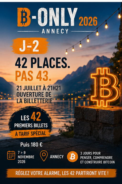 alpinechain_xyz's tweet photo. ⚡ 42 places au tarif de lancement.

Pas 43.

🎟️ Ouverture mardi 21 juillet à 21 h 21.

📍 Annecy
📅 7 au 9 novembre
➡️ Puis 180 €

Combien de temps les 42 tiendront-elles ?
Le protocole ne le dit pas.

#BOnly2026 #Bitcoin https://t.co/KLeR2tyMIr
