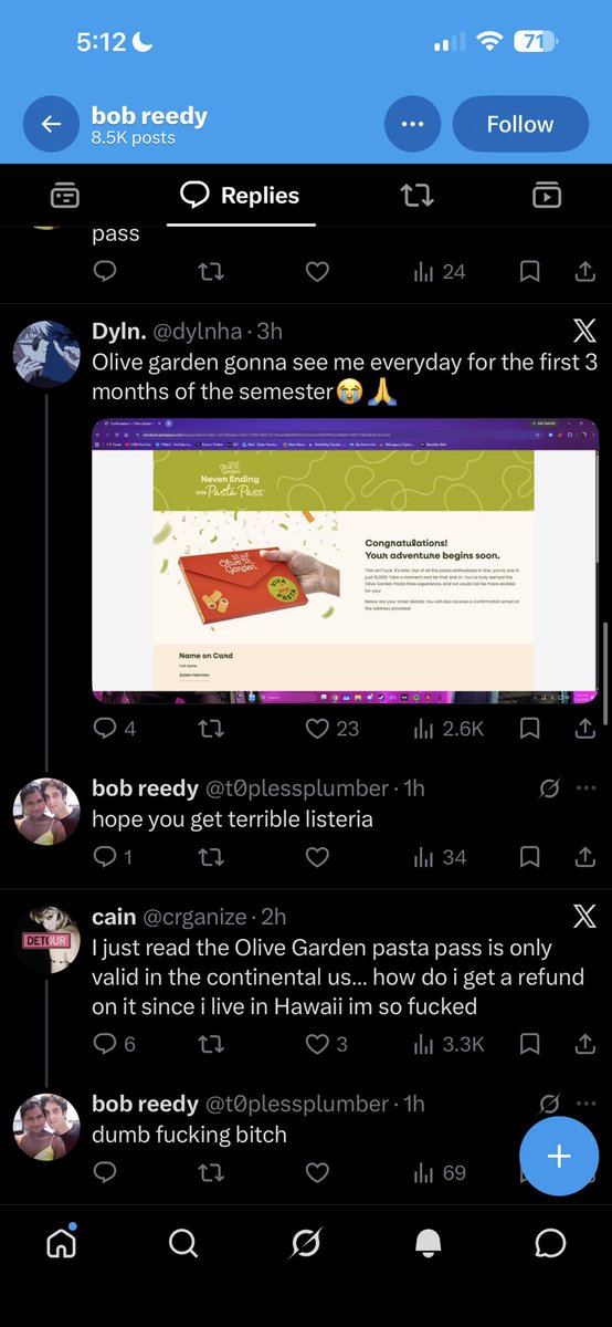 ScratchYSN's tweet photo. @t0plessplumber @olivegarden LMFAOOOOOO READING YOUR RECENT COMMENTS, I NEVER SEEN COCK ENVY THIS SERIOUS ALL BECAUSE YOU MISSED OUT ON SOME PASTA 😭😭😭😭

this Olive Garden shit gets so serious… https://t.co/yLicSvuhRw