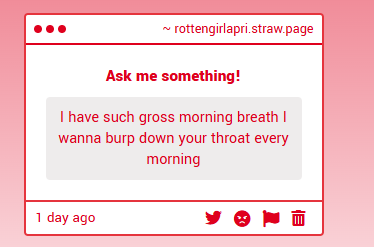 RottenGirlAppi's tweet photo. this is A PUBLIC SERVICE ANNOUNCEMENT >0<

IF UR A FREAK, PERVERT, OR A GOONER.. 
STOP BRUSHING UR TEETH!!!
smelly breath is better, smelly breath is hot,,, burp in my face with ur nasty yellow teeth, please ur so attractive. 

if u sent me this dm me now with burp audio. https://t.co/cFxtpYuw5L