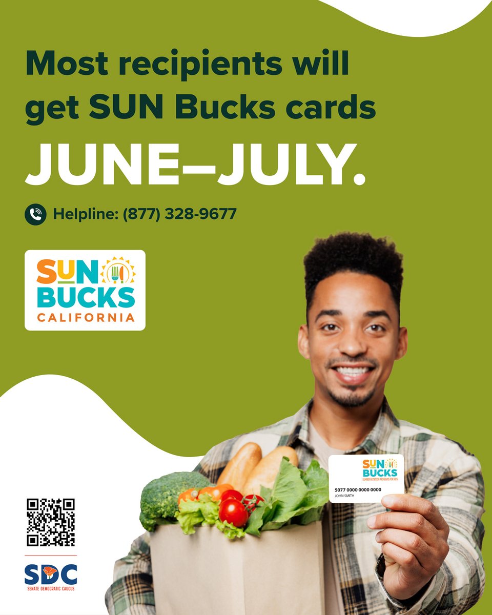 CASenateDems's tweet photo. 🍽️ California SUN Bucks gives qualifying families $120 per child in summer food benefits. If your child receives free or reduced-price school meals, it's automatic. $40/month, June through August. Spread the word 👉 https://t.co/G2ahTUjxUj https://t.co/JR3R80np1t