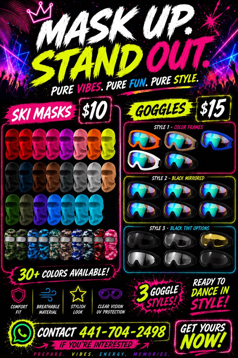 _rachaeldiamond's tweet photo. Don’t just show up… SHOW OUT!🤩
Complete your fete look with these multi-color ski masks and goggles🔥⚡️ | Bacchanal run is right round the corner👀
Masks 🎭 : $10
Goggle 🥽: $15
Send me a DM if you’re interested in purchasing!📲
#vibes #drip #partyready https://t.co/S37JU2BnWi