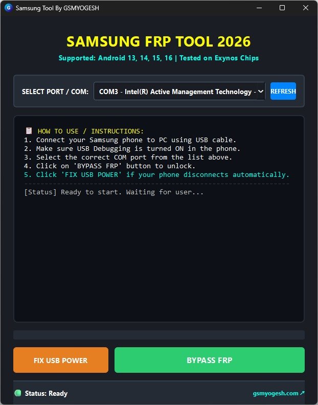 my77157's tweet photo. Samsung FRP Tool v2026

Tool Link: https://t.co/ydDLvmfAu5

Highly optimized and tested on Exynos processors

Built-in USB Power Fix for laptop stability

#samsungtool #FRPTool #Freetool #GSMTool #UnlockTool https://t.co/wz7ibSv2TX