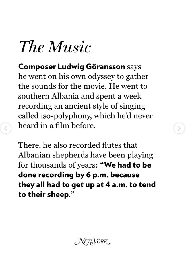 FilteredZero's tweet photo. A piece of Albania’s ancient musical heritage will be heard in Christopher Nolan’s The Odyssey.
Oscar-winning composer Ludwig Göransson traveled to southern Albania to record authentic iso-polyphony and the sounds of Albanian shepherds’ fyell for the film’s score.
A tradition preserved for centuries and still alive today. 🇦🇱 
Source - @vulture