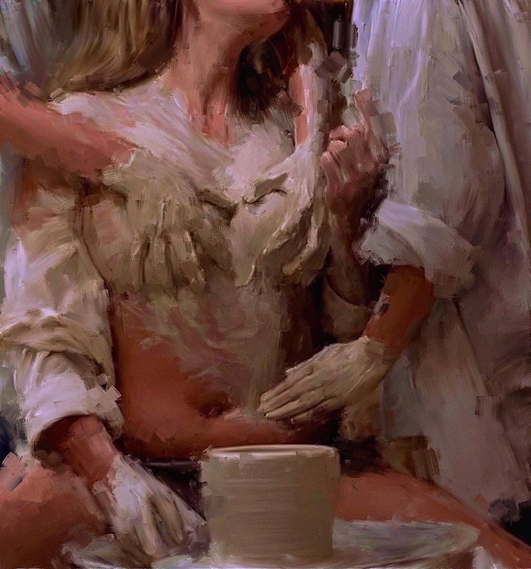 virginlilah's tweet photo. This painting too like oh my god. Having 2/3 others surround me while I'm like this, legs open, trying to concentrate. Being groped over and over, becoming more messy as they touch me. Being massaged until i become the clay being molded into whatever they want https://t.co/JNlq2x9dIX