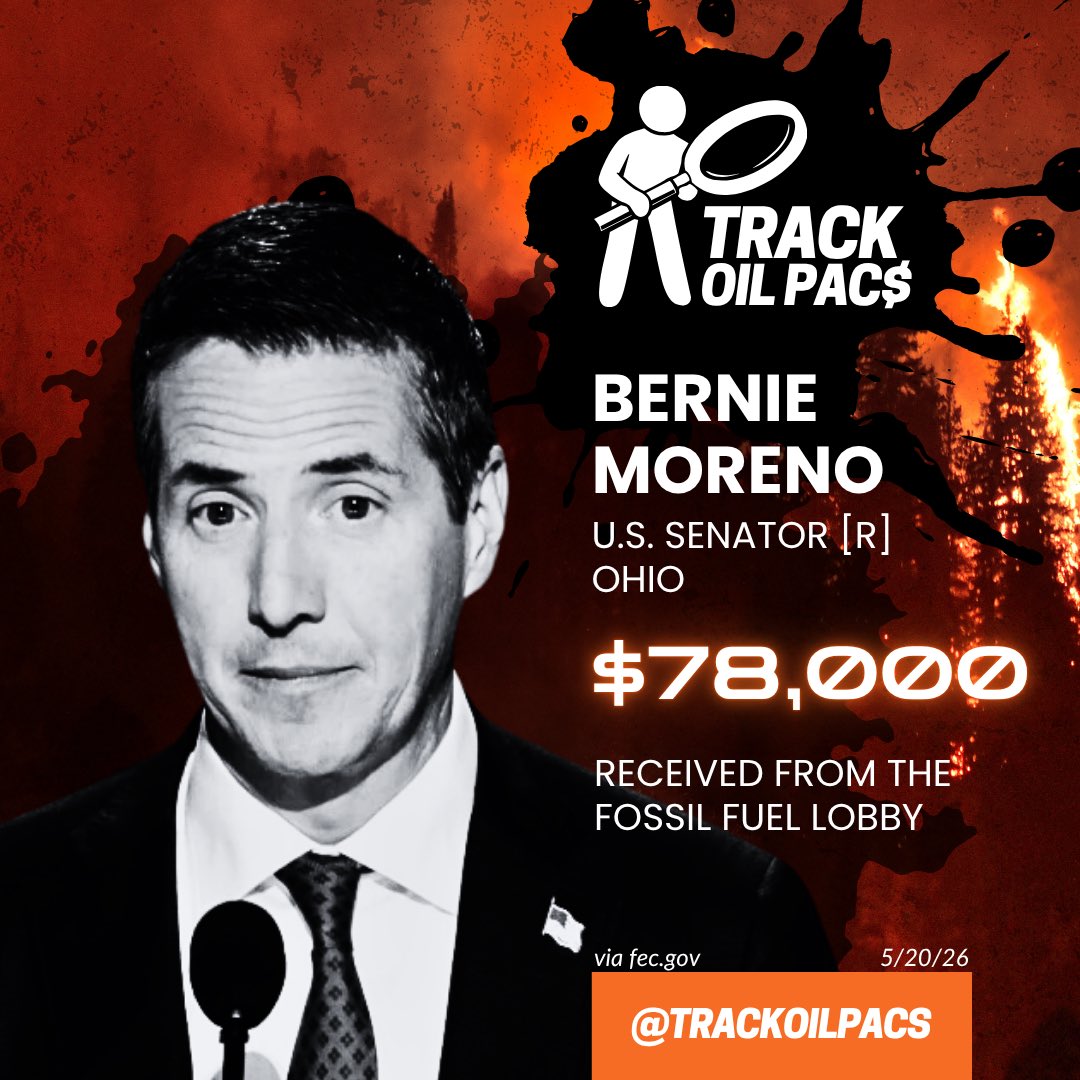 TrackOilPACs's tweet photo. .@BernieMoreno should introduce legislation to keep Big Oil accountable for all the climate damages. 

He won’t because he is on their payroll. https://t.co/apxBDR4rNp