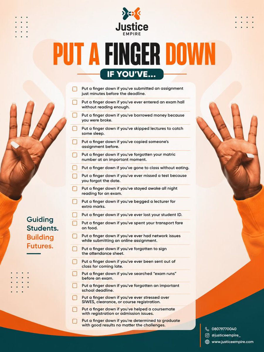 01BookEmpire's tweet photo. 🤭 How many fingers are down?
Be honest!
Drop your score in the comments. 👇🔥
#fingerdown #fyp #polyibadan #studentlife #justicempire https://t.co/eel1R0Uwc1