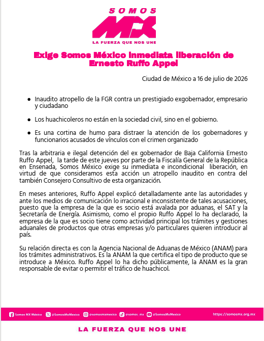 SomosMxMexico's tweet photo. #ULTIMAHORA| 𝐄𝐱𝐢𝐠𝐞 𝐒𝐨𝐦𝐨𝐬 𝐌𝐞́𝐱𝐢𝐜𝐨 𝐢𝐧𝐦𝐞𝐝𝐢𝐚𝐭𝐚 𝐥𝐢𝐛𝐞𝐫𝐚𝐜𝐢𝐨́𝐧 𝐝𝐞 𝐄𝐫𝐧𝐞𝐬𝐭𝐨 𝐑𝐮𝐟𝐟𝐨 𝐀𝐩𝐩𝐞𝐥. https://t.co/gKsALF08jc