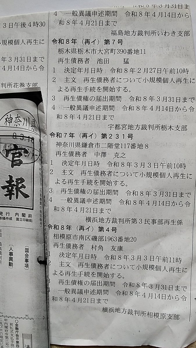 おはようございます。官報には自己破産した方や個人再生した方の裁判所