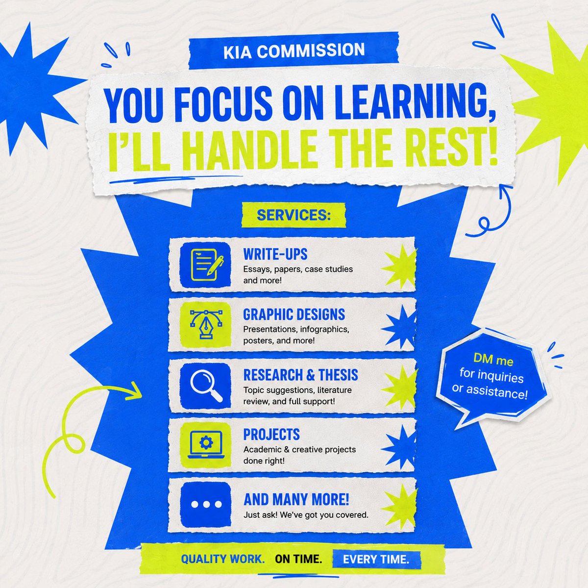 Kia_AcadComms's tweet photo. ACADS BACKLOG HELPER

i can handle your:
• online class task completion
• terminal exam reviewer making

accepting acads commission budget friendly helper affordable acads commission acads pasaload rate cramming helper 11:59pm deadline beater overnight commission https://t.co/IzAwdYjntd