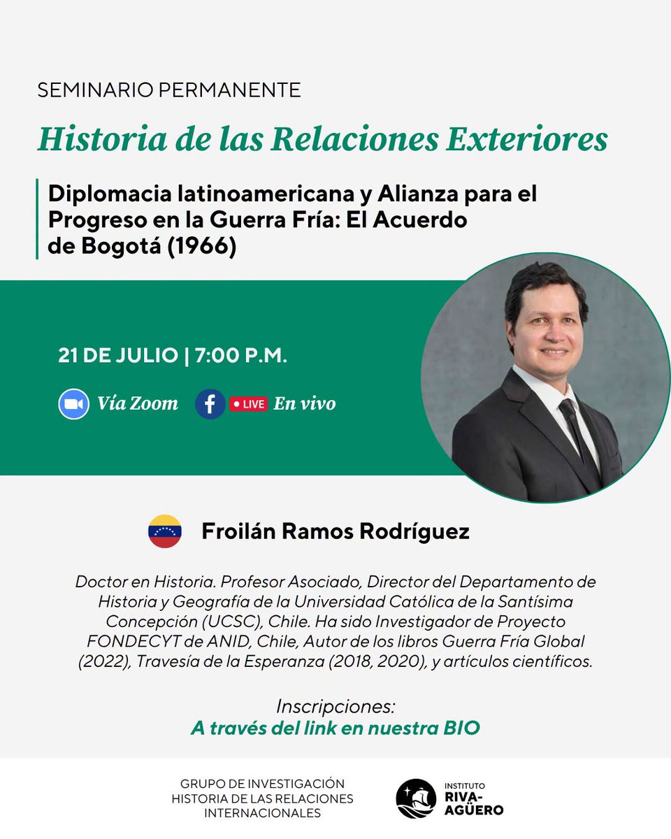 FroilanRamosR's tweet photo. ¡Estimada comunidad! 🌎 Este martes 21 de julio nos encontramos en la conferencia sobre la diplomacia latinoamericana y la Alianza para el Progreso en el Instituto Riva-Agüero de la @pucp 🏛️🇵🇪
📝 Inscríbete aquí: 👉 https://t.co/bGWUXPjhI3
#UCSC #HistoriaUCSC #HumanidadesUCSC https://t.co/N4fQzh7yLS