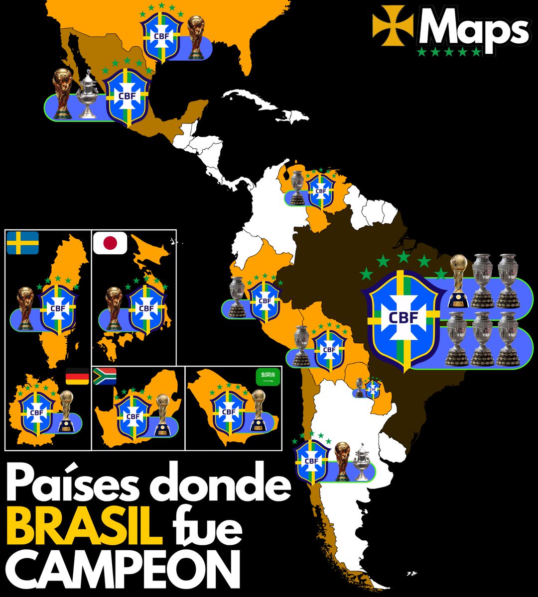 mapas_x's tweet photo. 🇧🇷🏆 Países donde Brasil fue campeón: https://t.co/xvLBuigqH4