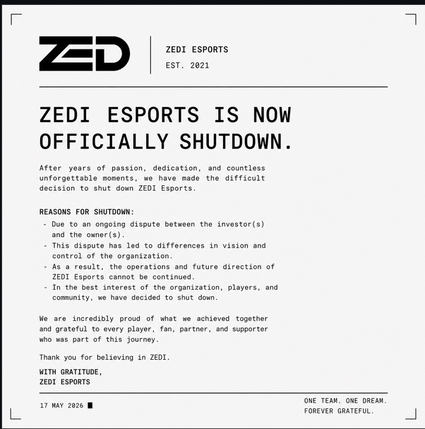 mattya_25252525's tweet photo. ZEDI ESPORTS IS SHUT DOWN https://t.co/snuE6zaP6L