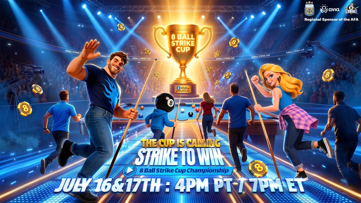 AviaGames's tweet photo. 🎱 WE ARE LIVE!

The 8 Ball Strike Cup Championship starts NOW! 🏆

Win over $4,000 in Amazon Gift Cards, a signed AFA jersey, Bonus Cash, exclusive cues, and more!

Watch LIVE: https://t.co/EyA4H2X17D

#Avia #AviaGames #8BallStrike #8BallStrikeCup #TheCupIsCalling #StrikeToWin https://t.co/dWCkHCtMKw