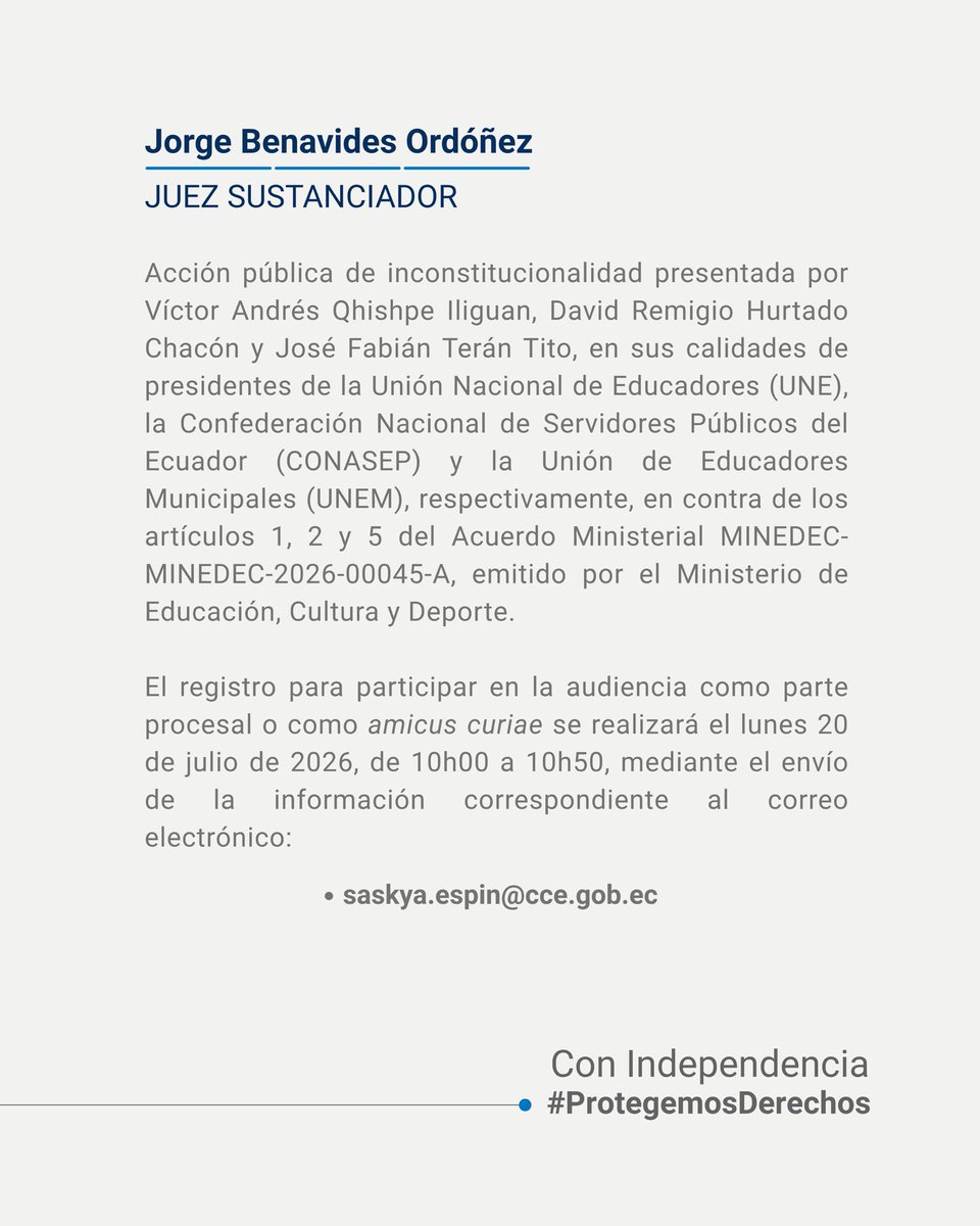 CorteConstEcu's tweet photo. #AudienciaPúblicaCC | El juez sustanciador Jorge Benavides Ordóñez presidirá la audiencia pública telemática Caso 120-26-IN.

Conoce más AQUÍ ⬇️
https://t.co/jzexc3Ywu1

Con Independencia, #ProtegemosDerechos. https://t.co/VTiCQdi4i3