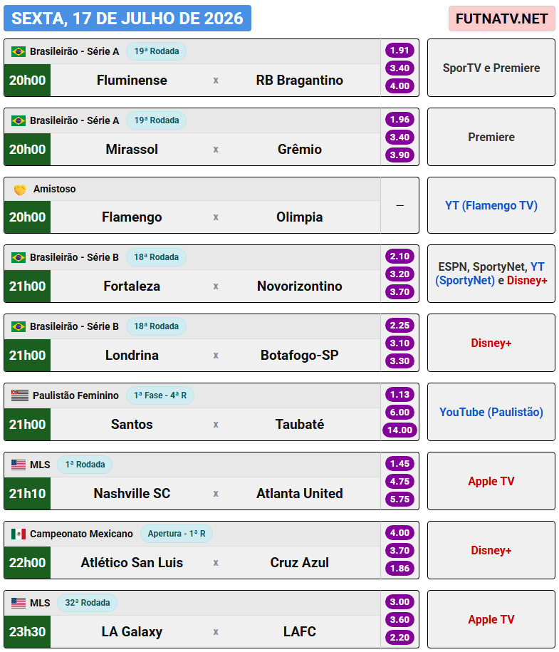 futnatv's tweet photo. A programação do futebol nesta sexta (17/7/2026) https://t.co/8PlwDLQqiS