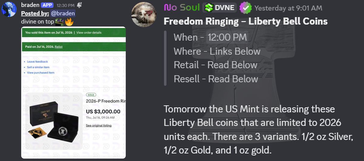 akchefs's tweet photo. 🔔 COIN PROFITS ARE RINGING IN! 🔔

We told members in Divine about the Freedom Ringing Liberty Bell Coins that were dropping from the US Mint today! If you knew the play, you knew how to move! 🧠

This member followed the lead and turned $750 to $3,000 same day! 💰

⬇️ https://t.co/HzETiA6giQ
