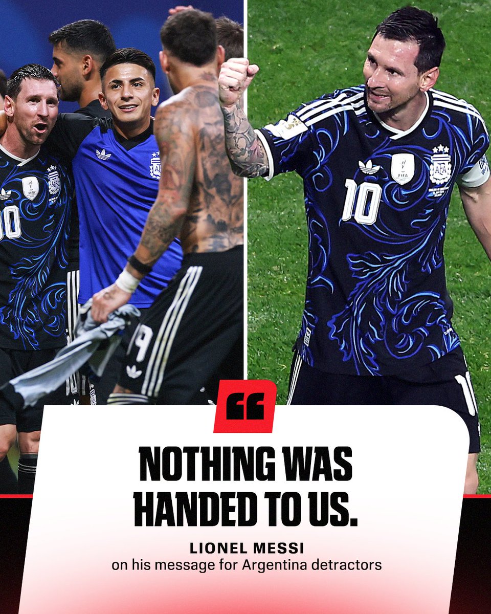 espn's tweet photo. Messi has a message for Argentina critics 👀

He said the the reigning World Cup champions' ability to overturn late-game deficits is the result of championship pedigree and nothing more 🏆

Read more: https://t.co/OLNC20tmaa https://t.co/KBtdSK2C8K