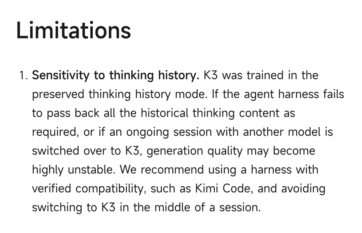 yunzeman's tweet photo. > Generation can become unstable if the harness drops thinking history or switches models mid-session

For long context agents, thinking history is becoming part of the harness. Model release is never just a model anymore, they ship with a harness 

I feel this with GPT5.6-Sol. In web it feels no big deal, in codex it feels like cheating