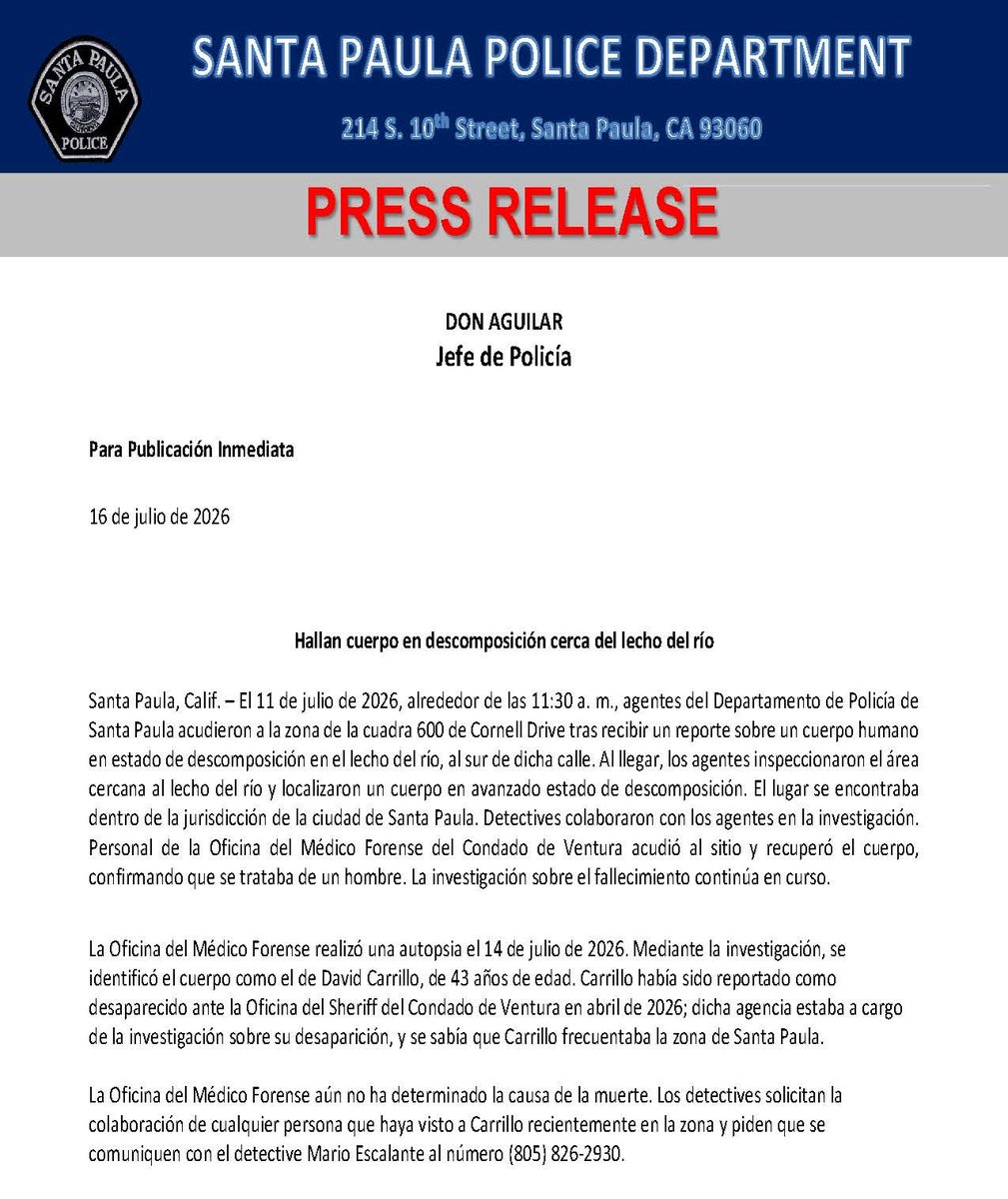 SP_Police's tweet photo. Press Release: Decomposed Body Found Near River Bottom
Communicado de Prensa: Hallan cuerpo en descomposición cerca del lecho del río https://t.co/aC5MLXPDim