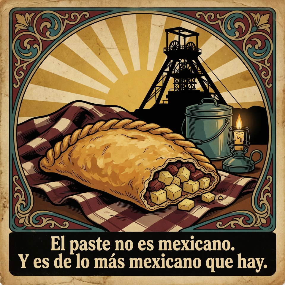DonPorfirioDiaz's tweet photo. Los mismos ingleses que trajeron el futbol trajeron algo que ustedes se comen los domingos.

El paste es un Cornish pasty: la empanada que los mineros de Cornualles se llevaban al fondo de la mina. Tenía la orilla gruesa y trenzada para agarrarla con las manos sucias de mineral y tirar esa parte. Comida de trabajo, diseñada para no envenenarte.

Hidalgo lo agarró, le metió chile, le metió tinga, le metió arroz con leche, y lo volvió otra cosa. Hoy es hidalguense y punto.

Así funciona México: llega algo de fuera, y en dos generaciones ya es nuestro y lo hacemos mejor.

¿Paste de papa con carne o de mole? Con cuidado responden.
