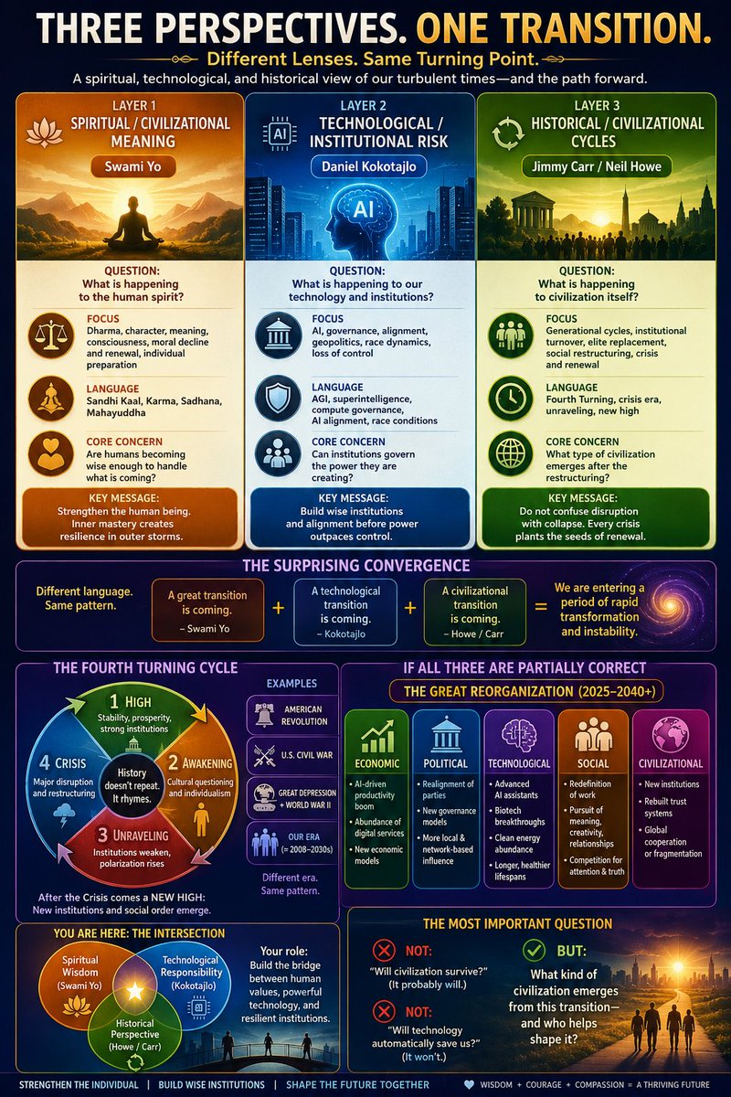 CivilizAsian's tweet photo. Different lenses same conclusion

Swami Yo: Spiritual transition
Daniel Kokotajlo: Technological transition
Neil Howe: Civilizational transition

The question is to grow in wisdom, governance, and resilience

#AI #FutureOfHumanity #FourthTurning #AGI #Governance #Resilience https://t.co/Zwp2ARmamM