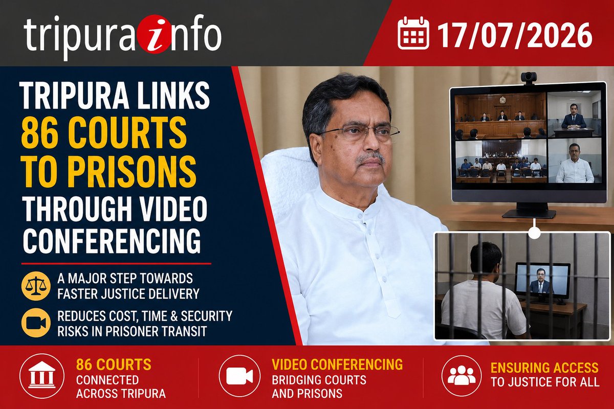 tripurainfo's tweet photo. Tripura links 86 courts to prisons through video conferencing
#Tripura #eCourts #VideoConferencing #JudicialReforms #DigitalJustice #PrisonAdministration #CourtTechnology #JusticeSystem #eGovernance #TripuraNews #NortheastIndia #LegalNe
https://t.co/j3LVbsIkj6 https://t.co/CRomNAMXgt