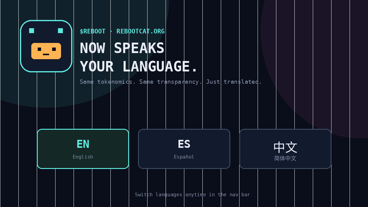 RebootCatSol's tweet photo. 🌍 $REBOOT just went multilingual.

https://t.co/Il3uAH24Wb is now available in English 🇬🇧, Español 🇪🇸, and 中文 🇨🇳.

Same ecosystem.
Same vision.
Same updates.
No matter where you're from, you can now explore RebootCat in your preferred language.
This is another step toward making $REBOOT accessible to a global community.

🌐 https://t.co/Il3uAH24Wb

#Solana #REBOOT #Web3 #Crypto #BuildInPublic