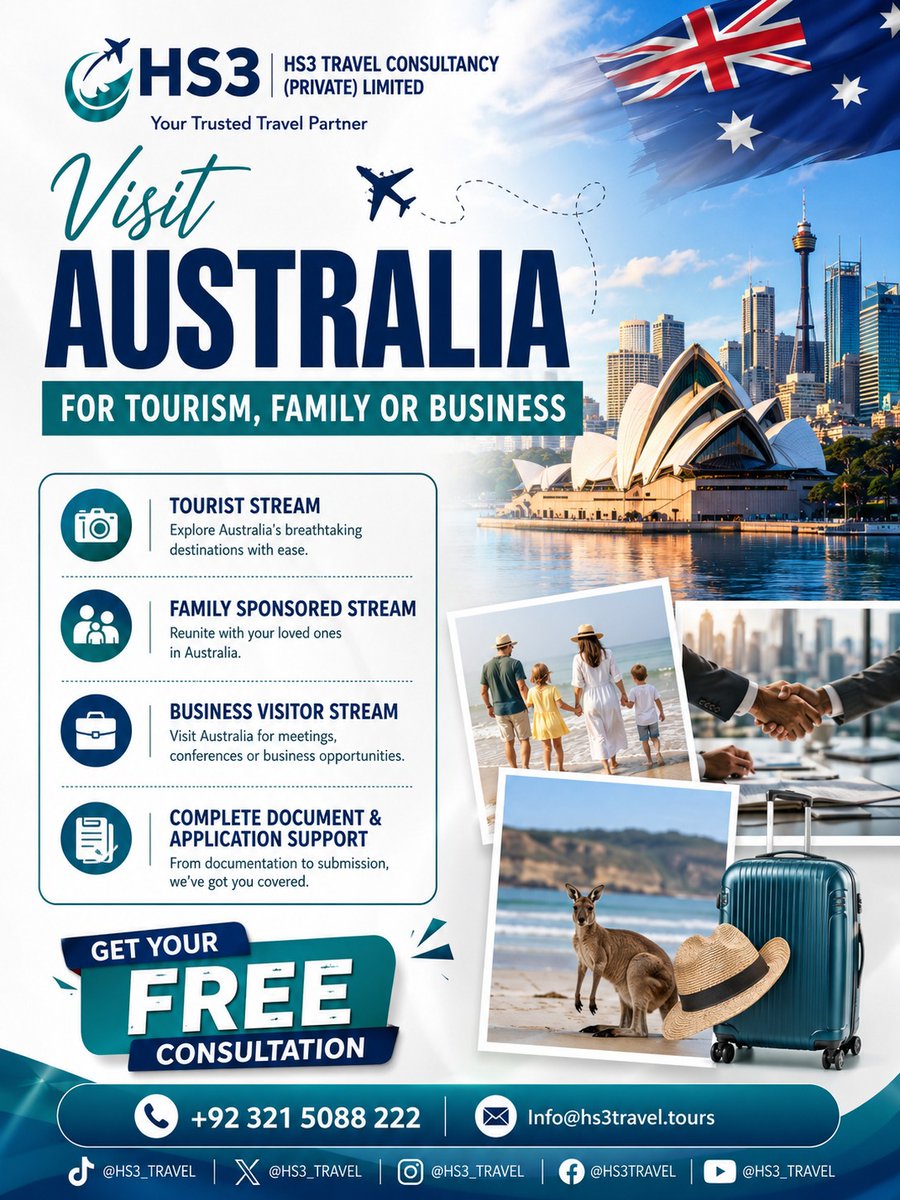 HS3_TRAVEL's tweet photo. Visit Australia for Tourism, Family & Business ✈️

Explore breathtaking destinations, reunite with your loved ones, or travel for important business opportunities. Let us help make your Australian journey smooth and hassle-free.

Your Australia trip starts here! 🌏✨

Free Consultation: 📞 0321 5088222 | Visit: 🌐 https://t.co/hRFk1kKdUL
✉️ info@hs3travel.tours
#AustraliaVisa #VisitAustralia #TouristVisa #FamilyVisit #BusinessVisa #TravelAustralia #AustraliaTrip #VisaConsultant #TravelGoals #ExploreAustralia