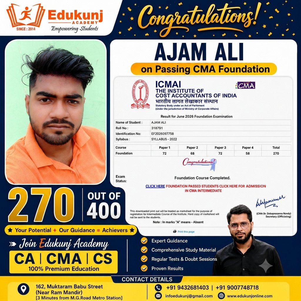 edukunj's tweet photo. Congratulations 🎉 CMA Foundation Students #cmafoundation #edukunjacademy https://t.co/NkMXnyjVTP