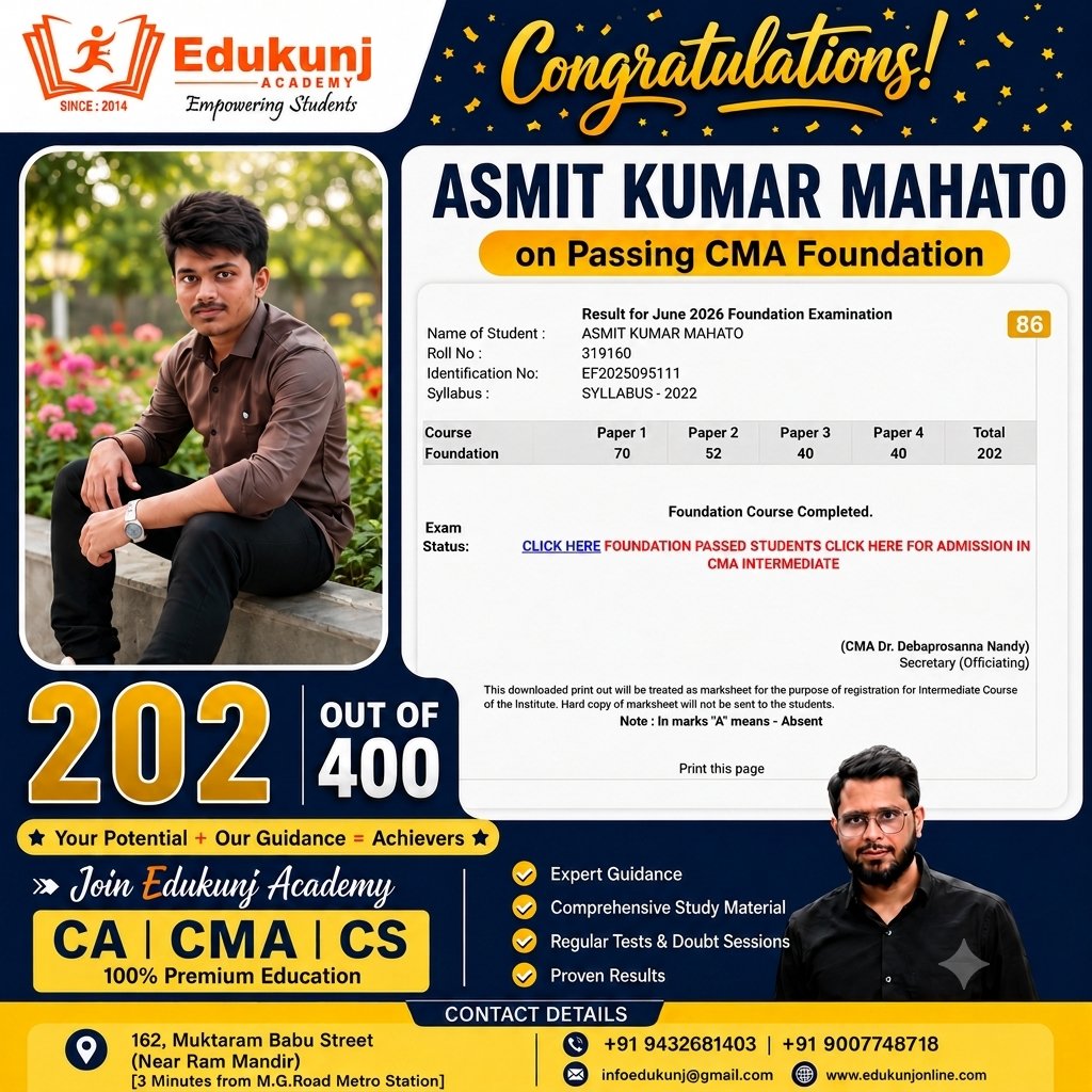 edukunj's tweet photo. Congratulations 🎉 CMA Foundation Students #cmafoundation #edukunjacademy https://t.co/2iBOq70TFz