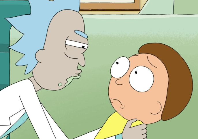 Megaseed_8's tweet photo. S4E06 Rick said, “Lips if you want” yet Morty went for the forehead.
S8E01 Morty kissed Rick's forehead.
S9E08 Rick said, “A nice kiss for your forehead” but his mouth goes straight toward Morty's lips.
Rick has romantic feelings towards Morty. 
My statement is clear, Your Honor. https://t.co/GVdISwCA4z