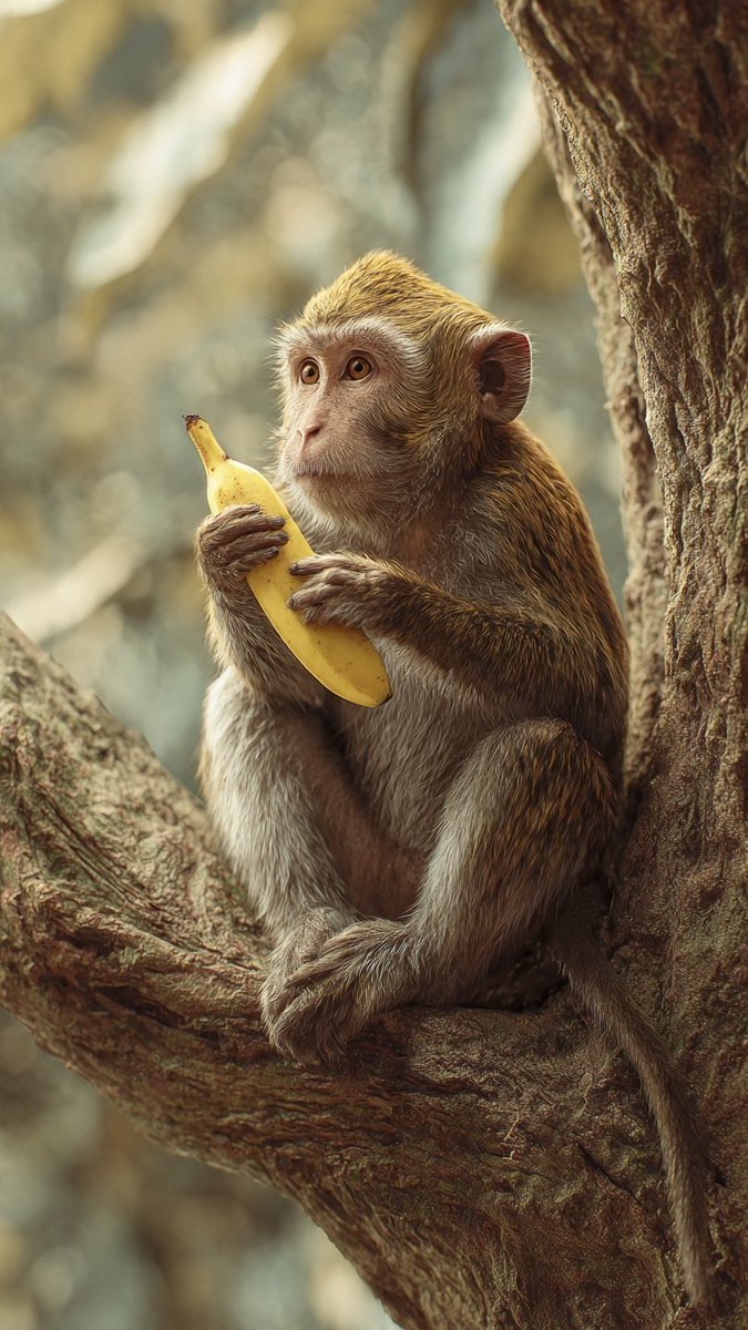AnimalZoneikum's tweet photo. Small thief with big attitude  
Steals bananas and runs like a boss  
Tail swinging, face making drama  
Full-time naughty, part-time cute https://t.co/L2jyVZJMPH