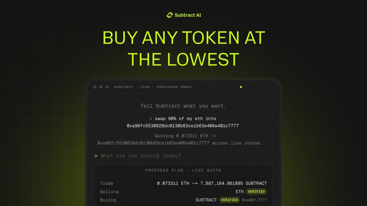 Subtract_AI's tweet photo. Buy Any Token on Robinhood Chain

A major update just went live

You can now buy any token on Robinhood Chain directly through Subtract AI

Simply tell the terminal what you want to buy, and Subtract AI handles the execution with intelligent routing designed to minimize slippage

No manual routing
No unnecessary complexity
Just smarter execution and better fills

This is another step toward making AI the fastest way to trade on Robinhood Chain

Try here : https://t.co/1xcimEhhLb