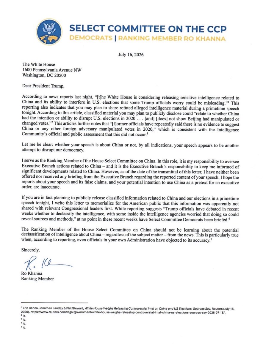 allenanalysis's tweet photo. 🚨MAJOR BREAKING: Rep. Ro Khanna is demanding answers from President Trump over reports that the White House may release disputed classified intelligence about China and the 2020 election during tonight’s address.

Khanna says he was never briefed despite serving as the ranking Democrat on the House Select Committee on China and warned Trump may be using China as a pretext to relitigate an election he lost.