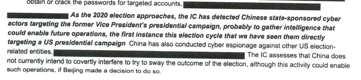 samstein's tweet photo. one of the documents that Trump has disclosed tonight has a section noting that China targeted the BIDEN campaign and does "not currently intend to covertly interfere to try and sway the outcome of the election." https://t.co/c0Lf4gnxkH
