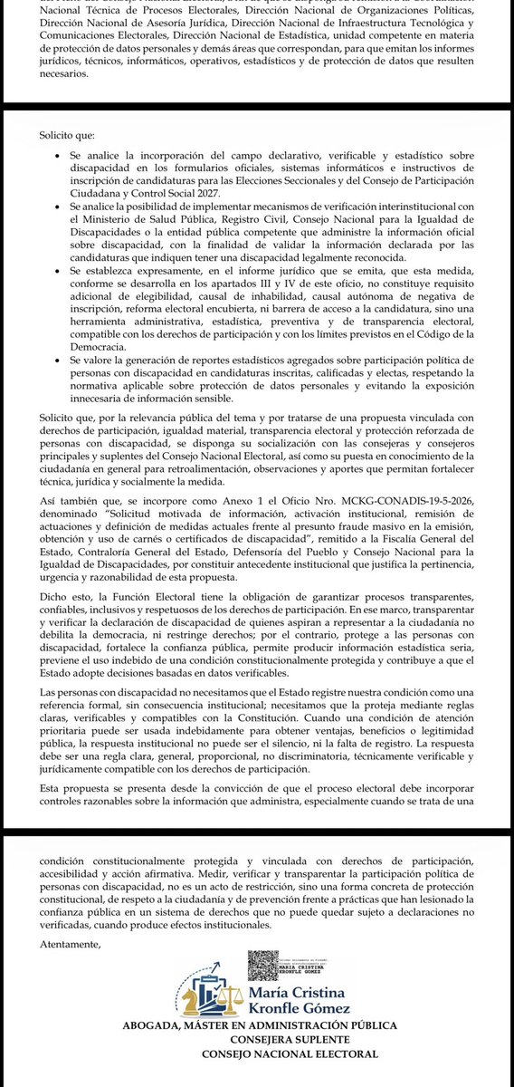 lahistoriaec's tweet photo. Y que no se resienta Mónica. La consejera suplente del @cnegobec María Cristina Kronfle propuso a este organismo que los candidatos a las próximas elecciones declaren si tienen o no carnet de discapacidad para que luego se verifique la validez de este documento en las instituciones competentes. Recientemente, la candidata a la alcaldía de Guayaquil, @MLuzarragaEc se molestó y cortó una entrevista porque le hicieron esta pregunta. Dijo que era un tema privado.