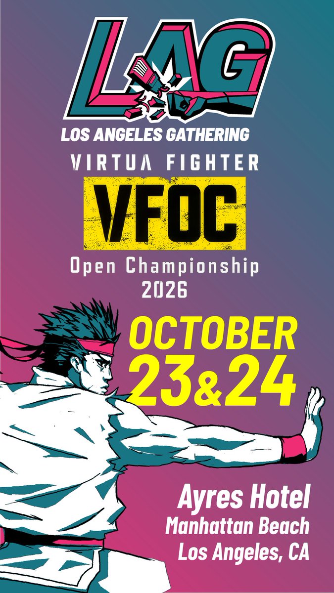 RushdownTurtle's tweet photo. LAG IS BACK.  The Los Angeles Gathering returns October 23-24, 2026 as an official Virtua Fighter Open Championship qualifier.  Featuring special guests @Homestay_Akira and @Jeanogre!  Register now: https://t.co/XCnKeULLPy   #VF #VirtuaFighter https://t.co/cxKROXLZoV https://t.co/0SWn6getSq