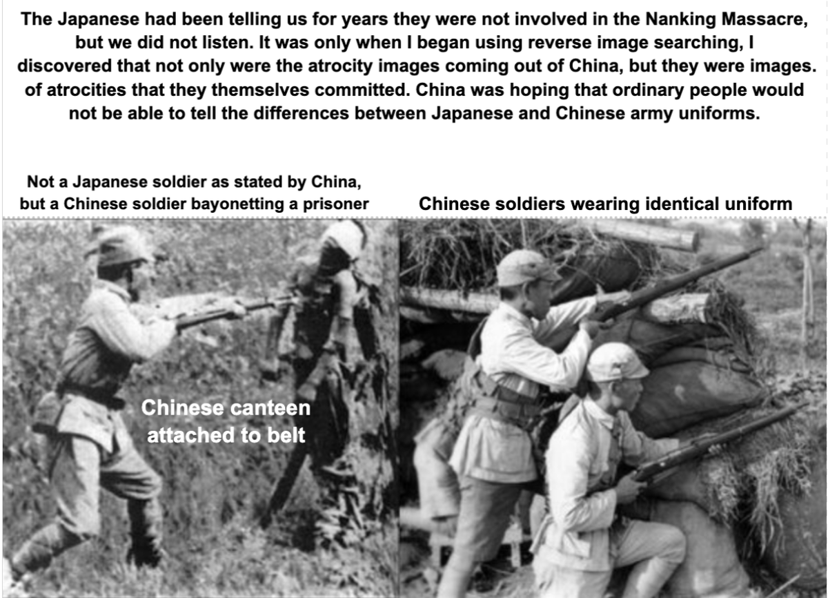 WeShuggie's tweet photo. Japan had been telling us for ages they were not involved in the Nanking Massacre, but we did not listen.
China was hoping that common people would not be able to distinguish between Japanese and Chinese uniforms, but reverse image searching caught them  covering up their crimes! https://t.co/hloDr90cgO