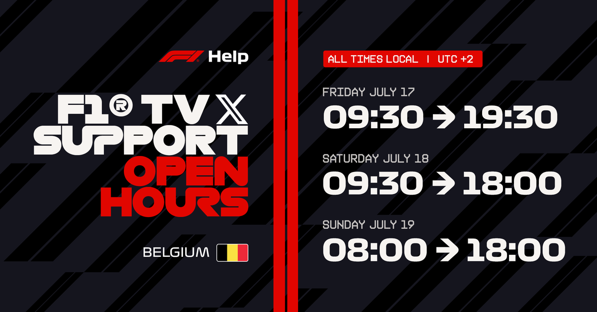 F1Help's tweet photo. 🚨 F1 TV SUPPORT CENTRE 🚨   

If you've got an issue or question, click the link below or get in touch👇

https://t.co/RNeVFgohep 

Opening X hours (track time)⏰   
Friday 09:30-19:30   
Saturday 09:30-18:00   
Sunday 08:00-18:00 https://t.co/ss691Hk41H