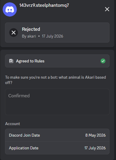 akariteruu's tweet photo. So I found a way to stop bots getting access to my member list (meaning no random dms or friend requests)

simple logic question before they can join fucks the AI up https://t.co/8DsoF1OCkH