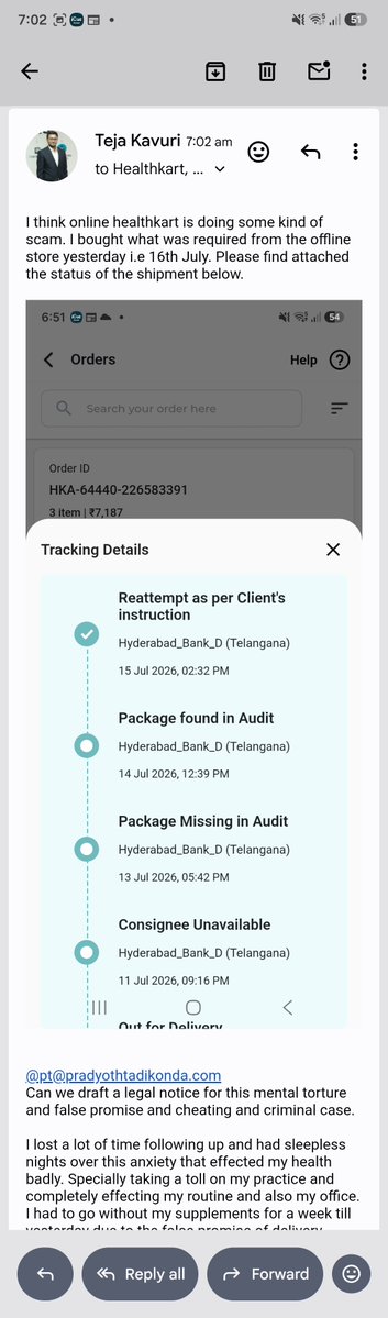 tejakavuri89's tweet photo. You guys will be hearing from my lawyer soon. 

Atrocious behavior by your staff as well as your company.
Pathetic state of customer care and nauseating experience of your company. The worst ever.

@Healthkart @PradyothT https://t.co/3iliP9oO2I
