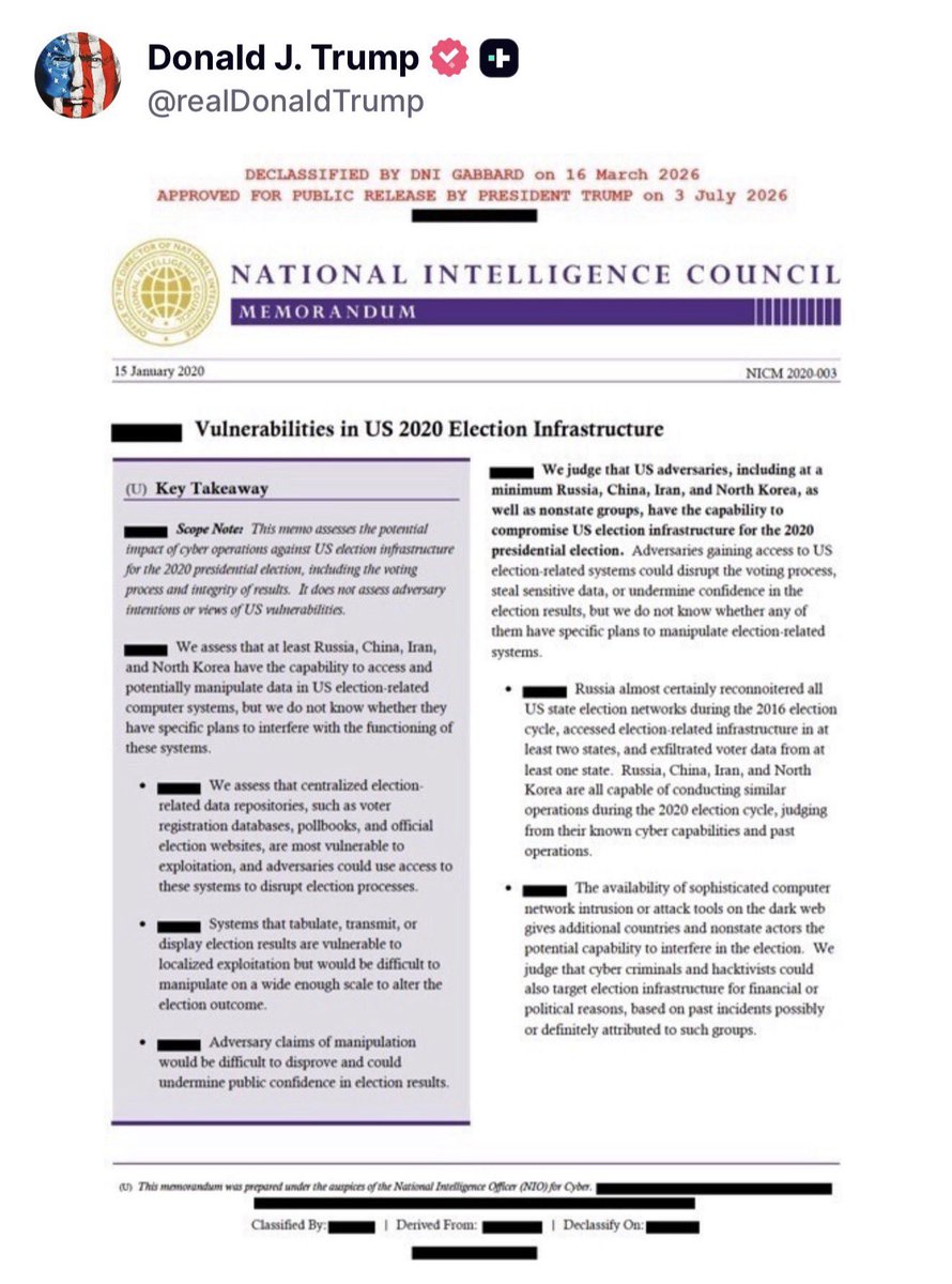 ThePatriotOasis's tweet photo. 🔥🚨 BOMBSHELL DECLASSIFICATION: President Trump reveals intel showing China, Russia, Iran, and North Korea could have messed with the 2020 election systems.

Trump is shining light on the weaknesses the Deep State tried to hide. 

Time to secure our elections for good. https://t.co/doG9HVfd7g